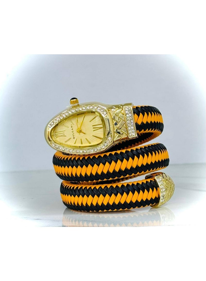 BVLGARI Women’s Luxury Wrap Analog Watch – Black & Yellow Spiral Bracelet with Crystal Bezel