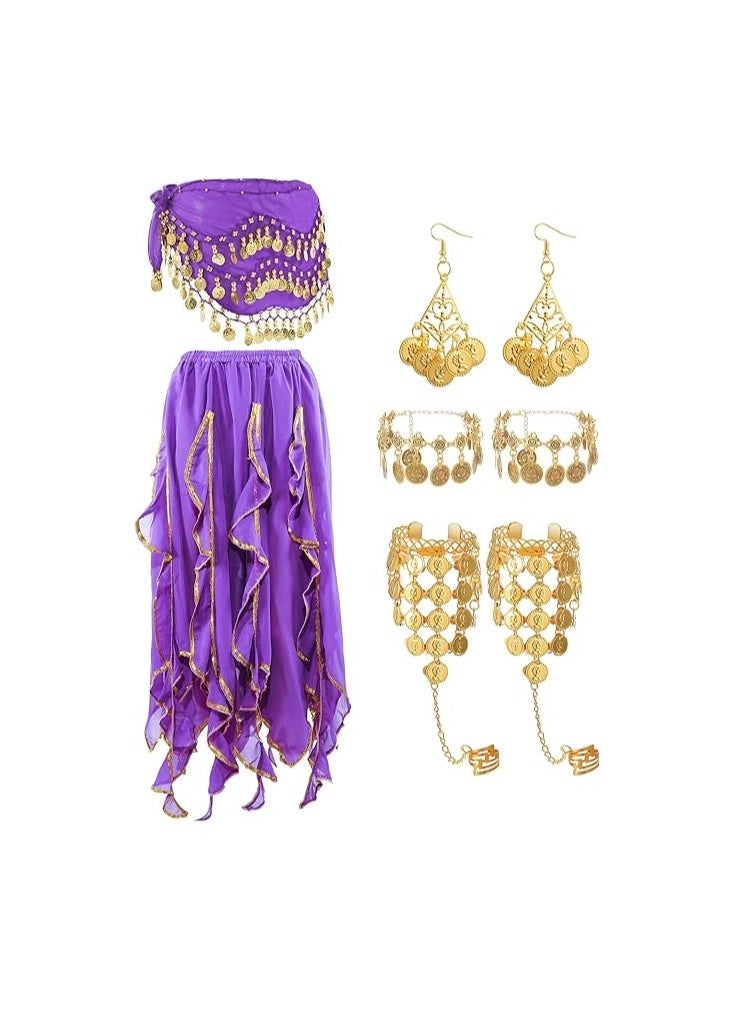 Excefore 8 Pcs Belly Dance Outfit Sets, Belly Dance Chiffon Skirt with Coins, Belly Dancing Hip Scarf Skirt Wrap, 2 Coin Bracelets, 2 Gold Boho Earrings, and 2 Boho Anklet Bracelet for Women Girls  - Image 1