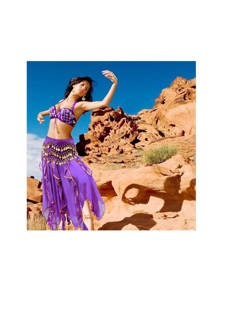 Excefore 8 Pcs Belly Dance Outfit Sets, Belly Dance Chiffon Skirt with Coins, Belly Dancing Hip Scarf Skirt Wrap, 2 Coin Bracelets, 2 Gold Boho Earrings, and 2 Boho Anklet Bracelet for Women Girls  - Image 2