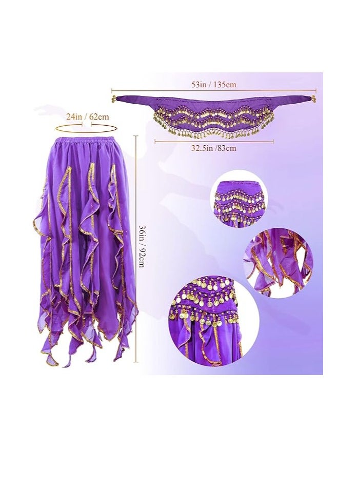 Excefore 8 Pcs Belly Dance Outfit Sets, Belly Dance Chiffon Skirt with Coins, Belly Dancing Hip Scarf Skirt Wrap, 2 Coin Bracelets, 2 Gold Boho Earrings, and 2 Boho Anklet Bracelet for Women Girls  - Image 5