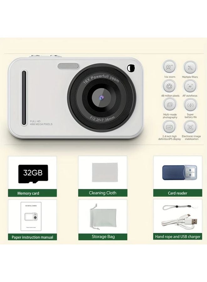 White 48MP Digital Camera 1080P HD 16X Zoom 2.4 Inch LCD Rechargeable 32G TF Card Vlogging Photography Gift - Image 1