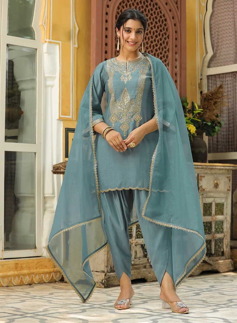 kolaba Blue Chinnon Embroidred Kurta 3Pc Set