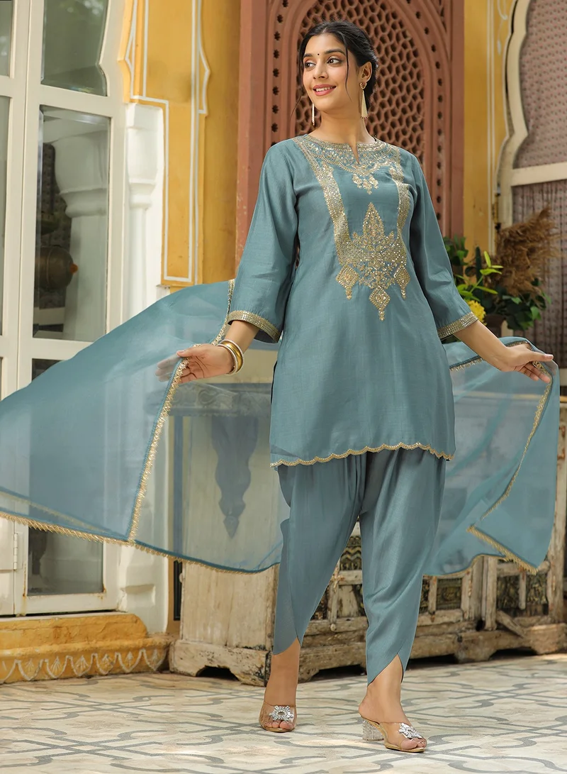 kolaba Blue Chinnon Embroidred Kurta 3Pc Set