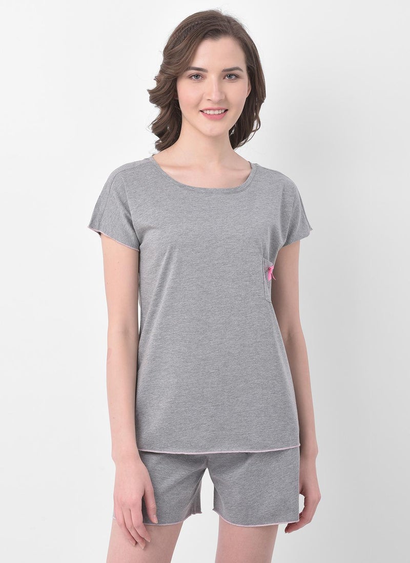 Clovia Chic Basic Top & Shorts in Grey - 100% Cotton - Image 2