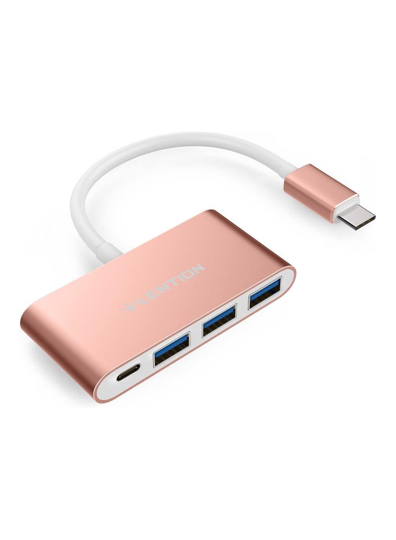 Lention LENTION 4-in-1 USB-C Hub with 3 USB 3.0 and Type C Power Delivery Compatible 2023-2016 MacBook Pro 13/14/15/16, New Mac Air/Surface, ChromeBook, More, Multiport Charging Adapter (CB-C13se, Rose Gold)  - Image 1