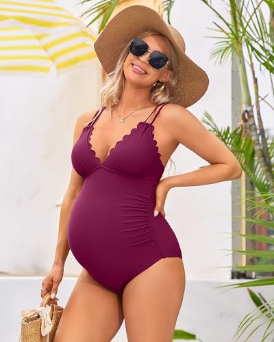 Charmo Maternity Swimsuits One Piece Ruched Scallop Trim Swimwear Tie Back Bikini Swimsuit V Neck Bathing Suits Wine Red - Image 5