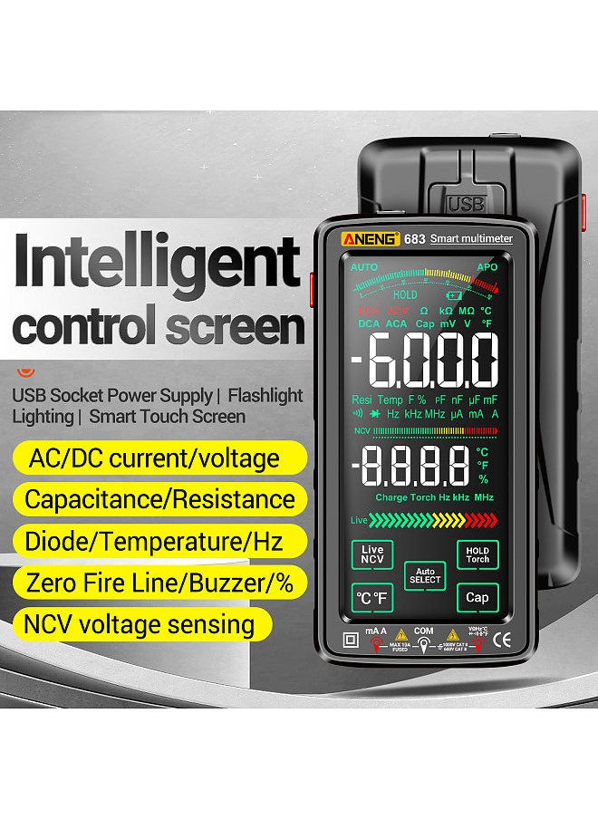 ANENG - ANENG 683 6000 Counts Large Touch Screen Digital Multimeter Smart Anti-burn Rechargeable Universal Meter - Image 1