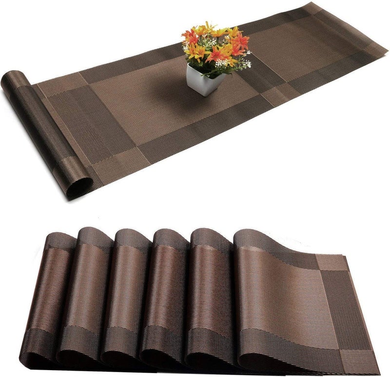 Ramkuwar Placemats with Compatible Table Runner Crossweave Insulation Placemat Washable Table Mats Runner and Placemat Set 6 Brown