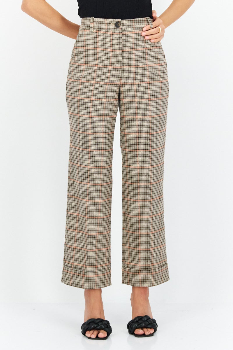 ESPRIT Women Regular Fit Houndstooth Casual Pants, Beige - Image 1