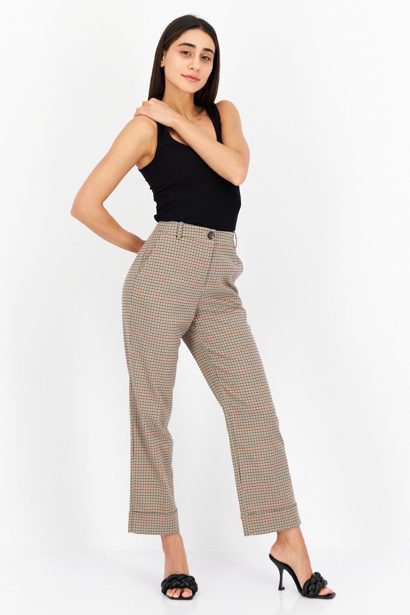 ESPRIT Women Regular Fit Houndstooth Casual Pants, Beige - Image 2