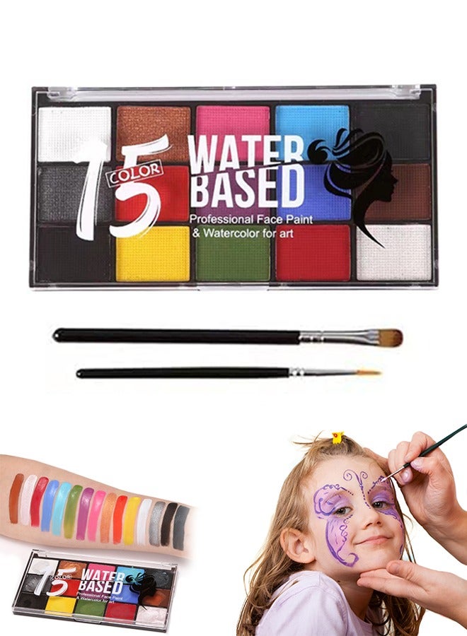 Lemon Face Painting Kit for Kids,15 Color Large Water Based Makeup Paints with 2 Brushes, Safe Professional Body & Face paint Kit - Image 1