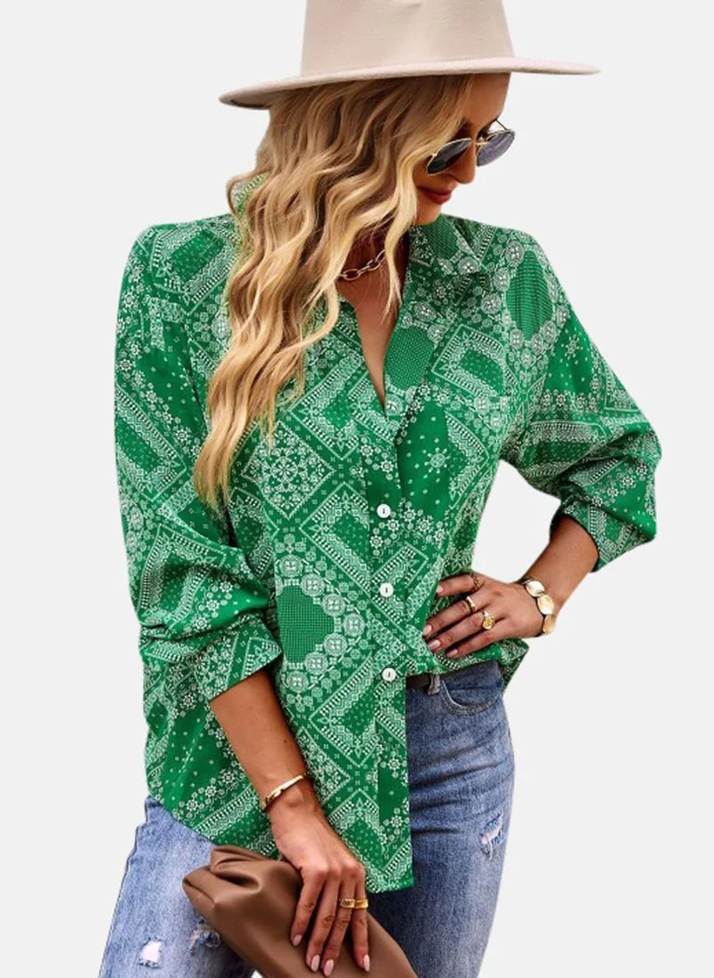 يونيكي Green Shirt Collar Printed Top