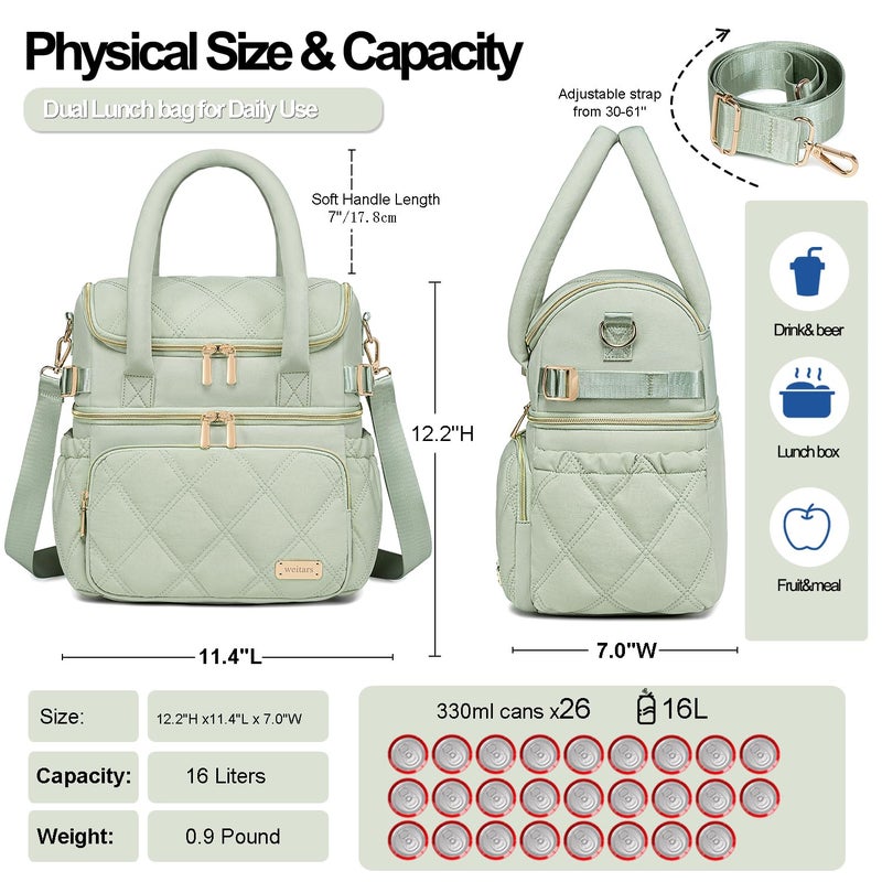 Weitars Lunch Bag for Women Men,Double Deck Lunch Box for Women,Quilted Lunch Tote for Work,Insulated Lunch Cooler Leakproof Lunchbox for Adult with Shoulder Strap &Pockets for Picnic Hiking (Green) - Image 5