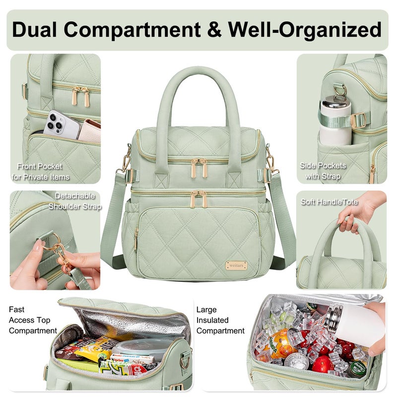 Weitars Lunch Bag for Women Men,Double Deck Lunch Box for Women,Quilted Lunch Tote for Work,Insulated Lunch Cooler Leakproof Lunchbox for Adult with Shoulder Strap &Pockets for Picnic Hiking (Green) - Image 2