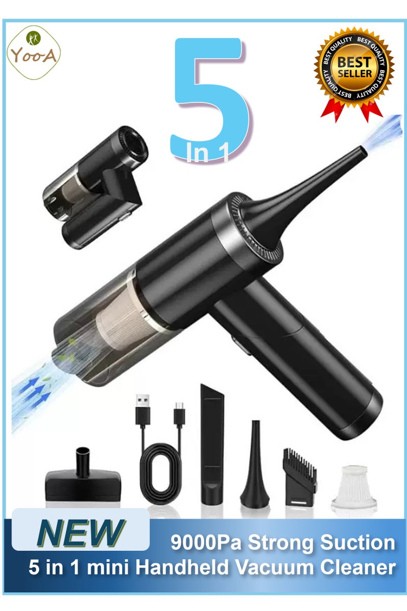 يوآ مكنسة كهربائية صغيرة محمولة 5 في 1 بقوة شفط 9000 باسكال | قابلة لإعادة الشحن، محمولة وخفيفة الوزن، مزودة بفلتر HEPA قابل للغسل، مكنسة كهربائية عالية الطاقة للسيارة والمنزل والمكتب والمطبخ، مثالية لتنظيف شعر الحيوانات الأليفة والغبار والحصى. - Image 1