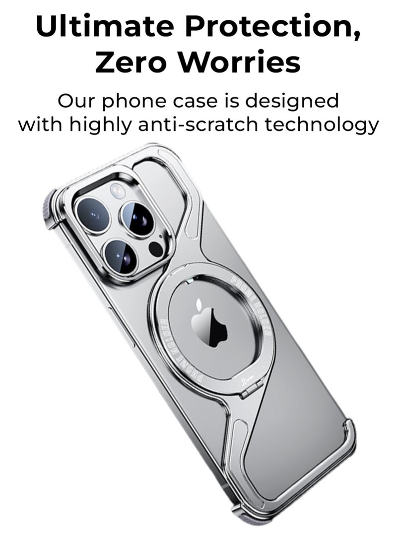 glassology Z Frame Borderless Case for iPhone 16 Pro Max Silver Titanium Aluminum Build 360° Rotating Ring Stand Shockproof Lightweight Heat Dissipating Wireless Charging Tool Included - Image 3