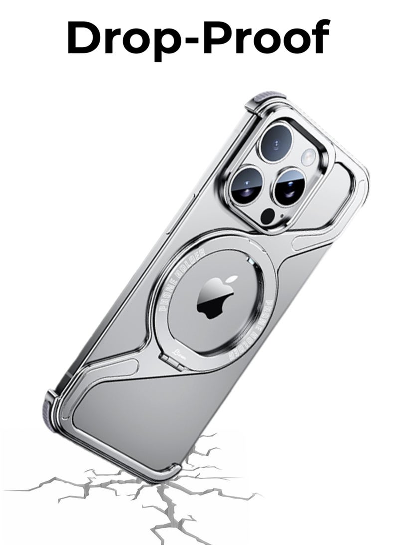 glassology Z Frame Borderless Case for iPhone 16 Pro Max Silver Titanium Aluminum Build 360° Rotating Ring Stand Shockproof Lightweight Heat Dissipating Wireless Charging Tool Included - Image 4