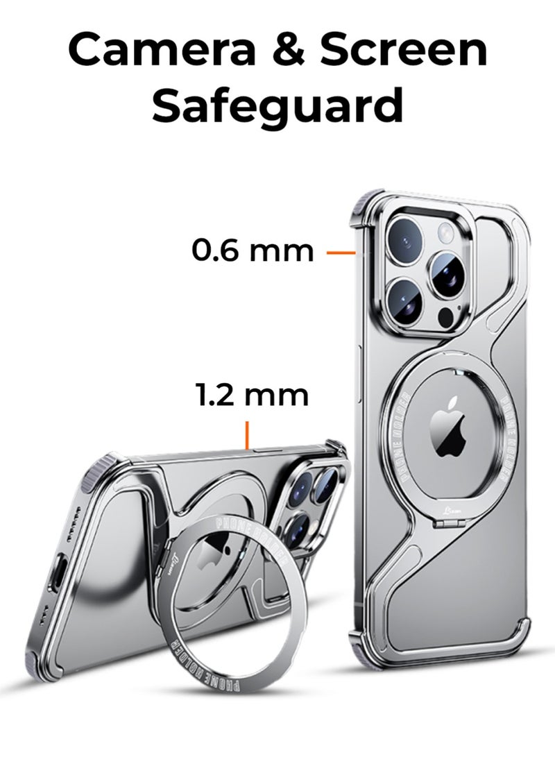 glassology Z Frame Borderless Case for iPhone 16 Pro Max Silver Titanium Aluminum Build 360° Rotating Ring Stand Shockproof Lightweight Heat Dissipating Wireless Charging Tool Included - Image 2