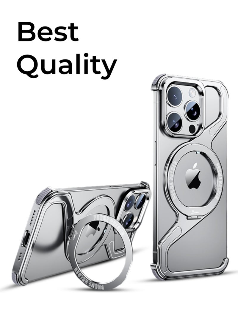 glassology Z Frame Borderless Case for iPhone 16 Pro Max Silver Titanium Aluminum Build 360° Rotating Ring Stand Shockproof Lightweight Heat Dissipating Wireless Charging Tool Included - Image 5