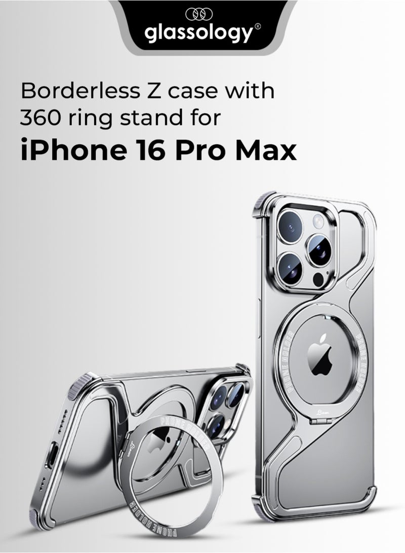 glassology Z Frame Borderless Case for iPhone 16 Pro Max Silver Titanium Aluminum Build 360° Rotating Ring Stand Shockproof Lightweight Heat Dissipating Wireless Charging Tool Included - Image 1