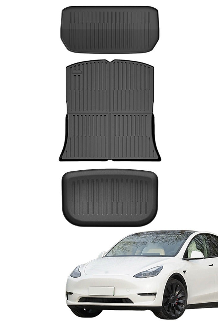 Generic 3-piece set of car floor mats, suitable for 2021-2024 Tesla Model Y car trunk floor mats, front compartment storage boxes, and trunk storage boxes. Wear resistant, easy to clean, high-end. Material: TPE.  - Image 1