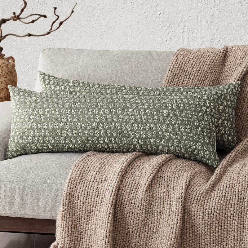 Foindtower Set of 2 Decorative Long Body Lumbar Throw Pillow Covers Neutral Modern Farmhouse Cushion Covers Vintage Home Decor for Sofa Couch Chair Bedroom Living Room1436 InchSage Green - Image 2