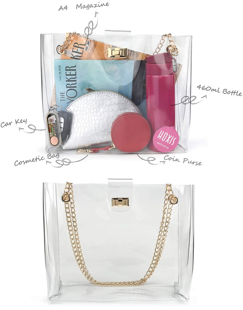 Hoxis Multifunction Clear Chain Tote with Turn Lock Womens Shoulder Handbag (Smoke Gray) - Image 3