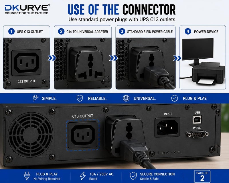 DKURVE Ups C14 to Universal Female Socket Power Adapter AC Plug - 2 Pieces - Image 5