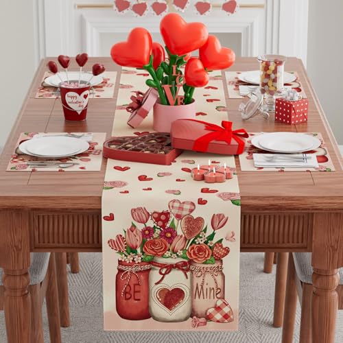 XCHI Roses Flowers Love Hearts Vase Valentine’s Day Table Runner Table Decoration for Party Home Kitchen Dining Dinner Holiday Decor 13x72 Inch - Image 2