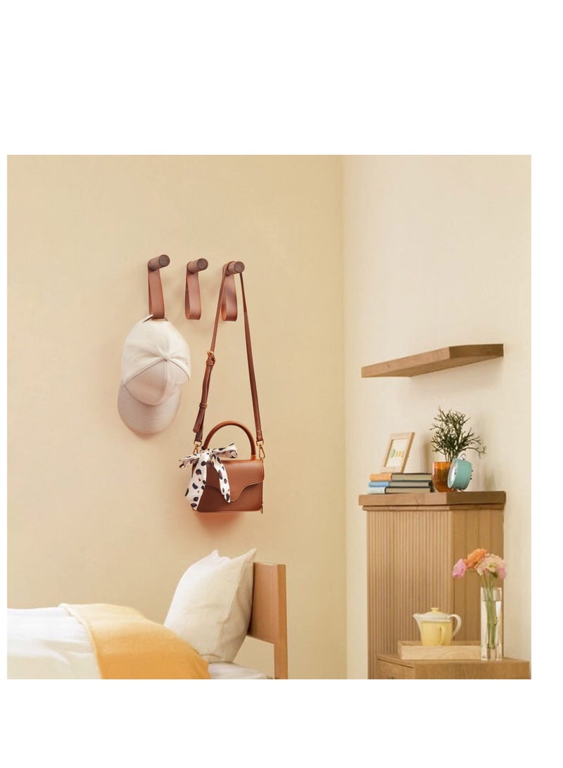 SOLARAE 3 Pack Wooden Coat Hooks, Black Walnut,Entryway Wall Hangers, Wall Pegs Wall Mounted Vintage Single Hangers with PU Leather Wall Straps for Hanging Coats Hats Bags Towels(16cm*8.6cm *3cm) - Image 2