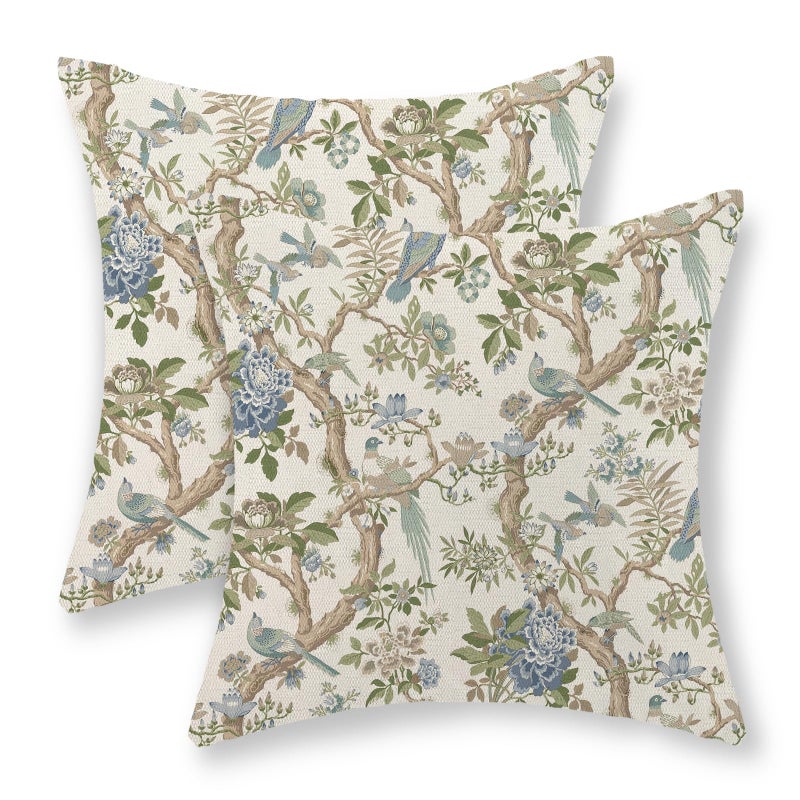 GOLIANDA Blue Green Floral Bird Pillow Covers 20x20 Set of 2 Chinoiserie Throw Pillows Green Vintage Flowers Bird Decorative Pillow Cases Outdoor Chinoiserie Decor Farmhouse Cushion Case for Couch Sofa - Image 1