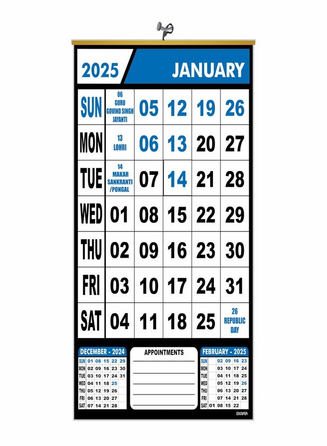 ESCAPER تقويم حائط ESCAPER 2025 للاستخدام المنزلي والمكتبي، تقويم حائط مكتبي 2025، تقويم حائط منزلي، يتضمن العطلات الرسمية الهندية، تخطيط المواعيد (أزرق، 3 قطع) - Image 1