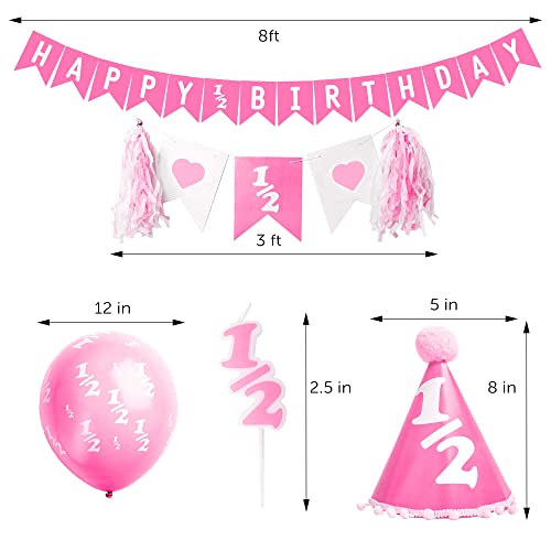 Over The Line Half Birthday Party Pack Decorations: Comes in Baby Blue or Ultra Pink (1/2 Candle, 1/2 Balloons, 1/2 Hat and 1/2 Banners) (Pink) - Image 4