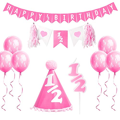 Over The Line Half Birthday Party Pack Decorations: Comes in Baby Blue or Ultra Pink (1/2 Candle, 1/2 Balloons, 1/2 Hat and 1/2 Banners) (Pink) - Image 1