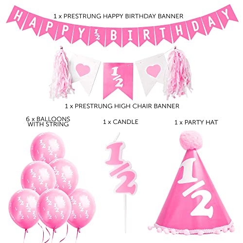 Over The Line Half Birthday Party Pack Decorations: Comes in Baby Blue or Ultra Pink (1/2 Candle, 1/2 Balloons, 1/2 Hat and 1/2 Banners) (Pink) - Image 3