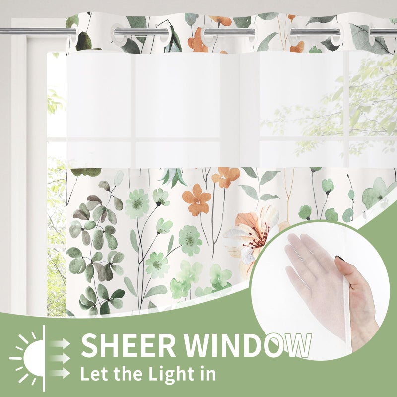 Litabel No Hook Sage Green Watercolor Floral Shower Curtain and Liner Set, Spring Flower Shower Curtains with Snap in Liner for Farmhouse Bathroom Decor, Botanical Bathroom Curtain with Leaves, 72x74 - Image 3