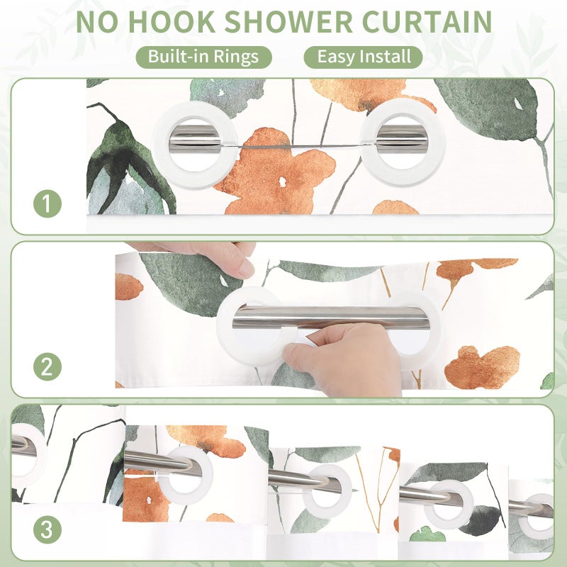 Litabel No Hook Sage Green Watercolor Floral Shower Curtain and Liner Set, Spring Flower Shower Curtains with Snap in Liner for Farmhouse Bathroom Decor, Botanical Bathroom Curtain with Leaves, 72x74 - Image 4
