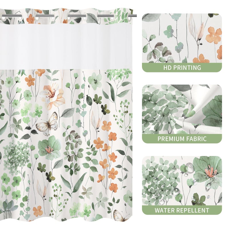 Litabel No Hook Sage Green Watercolor Floral Shower Curtain and Liner Set, Spring Flower Shower Curtains with Snap in Liner for Farmhouse Bathroom Decor, Botanical Bathroom Curtain with Leaves, 72x74 - Image 5