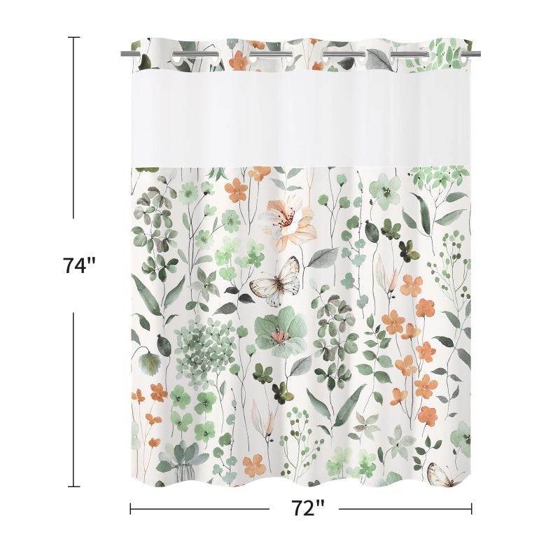 Litabel No Hook Sage Green Watercolor Floral Shower Curtain and Liner Set, Spring Flower Shower Curtains with Snap in Liner for Farmhouse Bathroom Decor, Botanical Bathroom Curtain with Leaves, 72x74 - Image 2