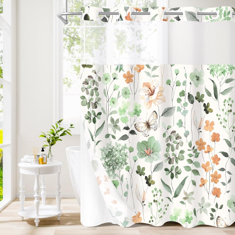 Litabel No Hook Sage Green Watercolor Floral Shower Curtain and Liner Set, Spring Flower Shower Curtains with Snap in Liner for Farmhouse Bathroom Decor, Botanical Bathroom Curtain with Leaves, 72x74 - Image 1
