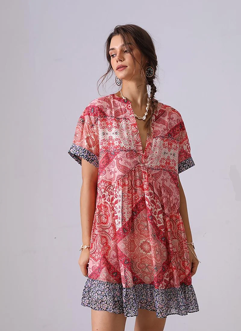 يونيكي Red A-Line V-Neck Above Knee Dress