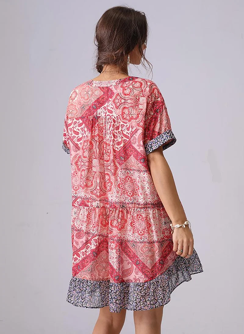 يونيكي Red A-Line V-Neck Above Knee Dress