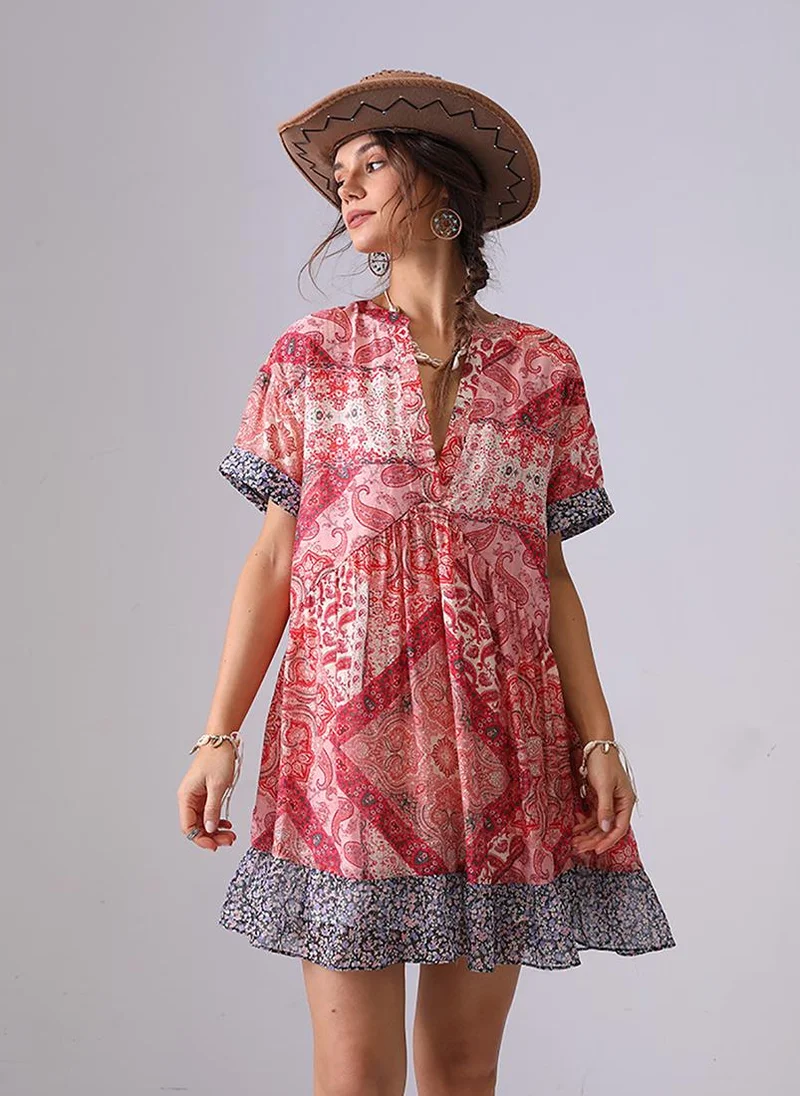 YUNIQEE Red A-Line V-Neck Above Knee Dress