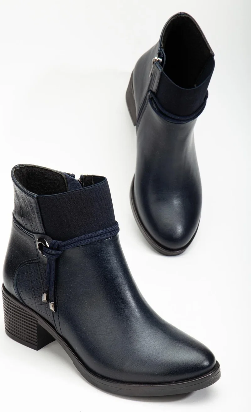 Dilimler Ayakkabı Women's Heeled Boots Casual Navy Blue Throat Elastic Thick Heels