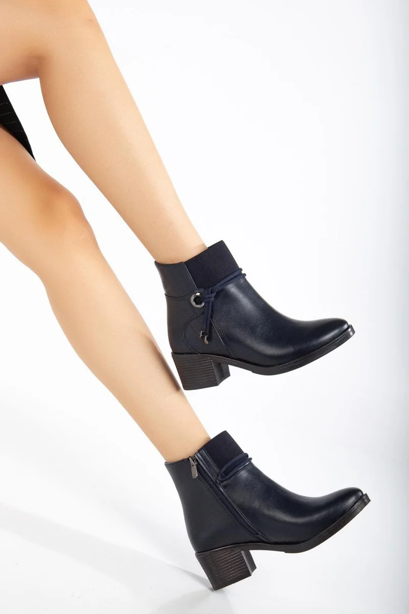 Dilimler Ayakkabı Women's Heeled Boots Casual Navy Blue Throat Elastic Thick Heels