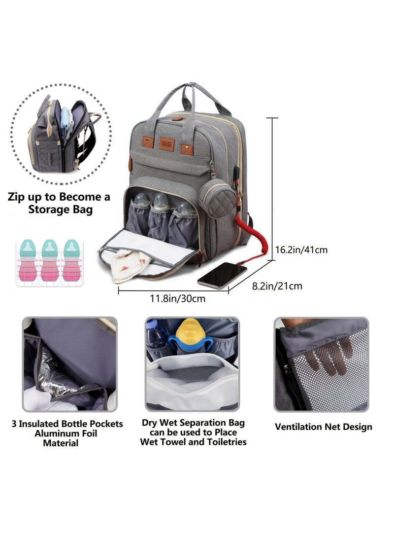 حقيبة ظهر حفاضات مع وسادة تغيير – حقيبة سفر متعددة الوظائف للآباء والأمهات مع منفذ شحن USB، قماش بوليستر مقاوم للشمس، إغلاق بسحاب، جيوب عملية، وحزام يدوي قوي – مثالية للرحلات واستخدام ما قبل المدرسة - رمادي - Image 3