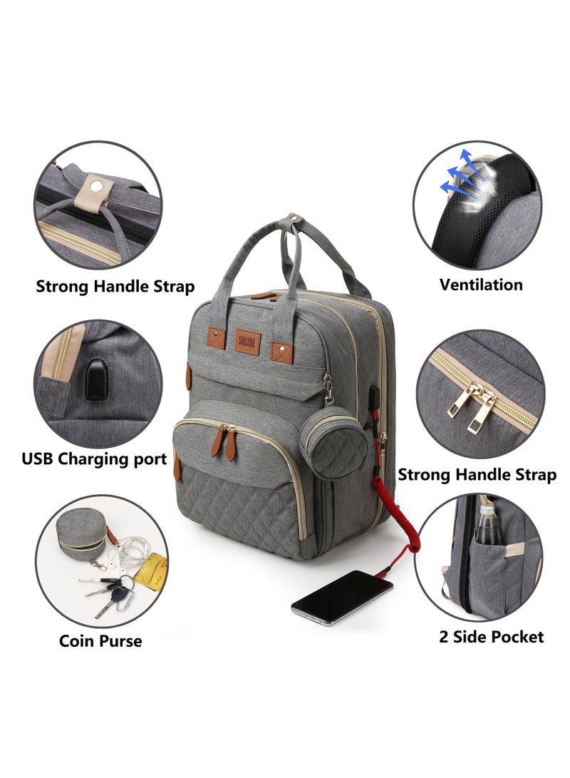 حقيبة ظهر حفاضات مع وسادة تغيير – حقيبة سفر متعددة الوظائف للآباء والأمهات مع منفذ شحن USB، قماش بوليستر مقاوم للشمس، إغلاق بسحاب، جيوب عملية، وحزام يدوي قوي – مثالية للرحلات واستخدام ما قبل المدرسة - رمادي - Image 5