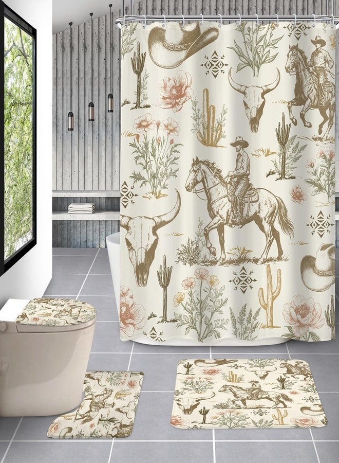 AMBZEK Western Cow Skull 4Pcs Shower Curtain Sets 72Wx72L Inch Rustic Vintage Coloful Wildflower Retro Tribal Cactus Artwork Cloth Fabric Waterproof Polyester Bathroom Decor Set with 12 Pack Hooks - Image 1