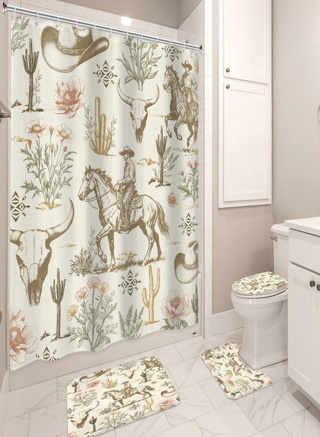 AMBZEK Western Cow Skull 4Pcs Shower Curtain Sets 72Wx72L Inch Rustic Vintage Coloful Wildflower Retro Tribal Cactus Artwork Cloth Fabric Waterproof Polyester Bathroom Decor Set with 12 Pack Hooks - Image 5