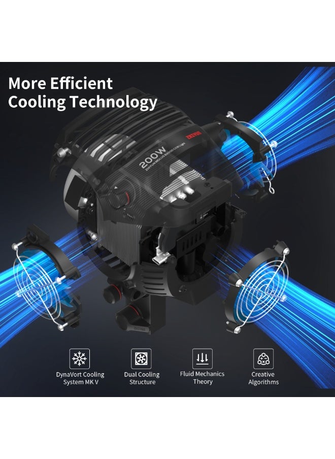 ZHIYUN MOLUS B200 200W COB LED Video Light [Official] 2700K-6500K CRI 96+ TLCI 96+ 39990 Lux/1M App Control 13 Scene Effects Bowens Mount Silent Continuous Output Lighting for Photography Studio Light